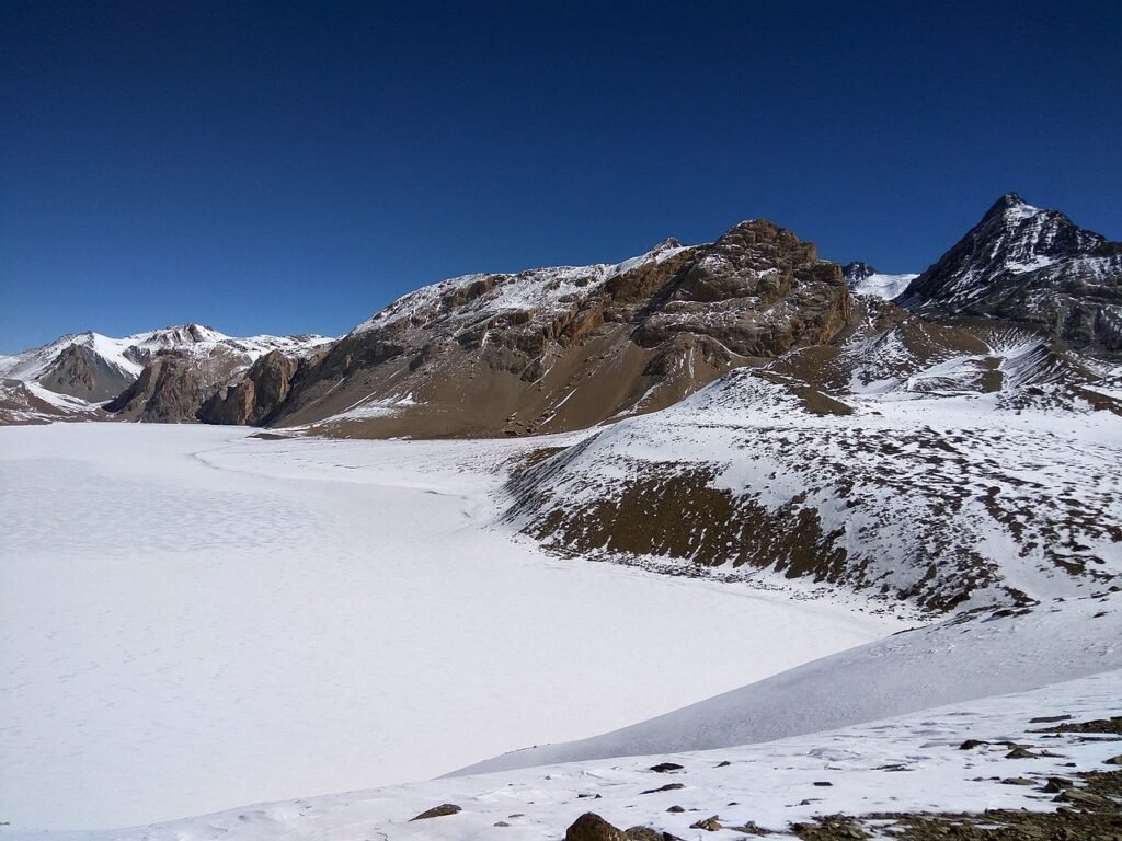Beautiful Tilicho lake covered in the snow.