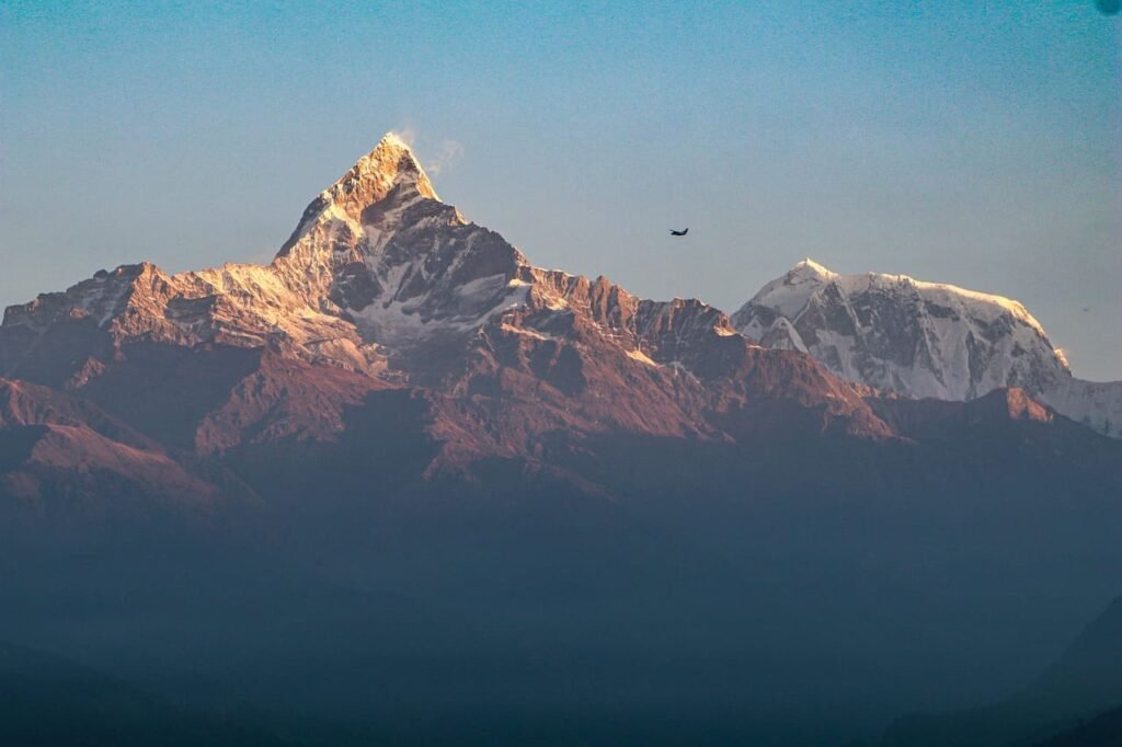 Beautiful sunrise over the Machapuchare mountains.
